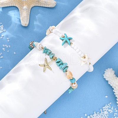 2Pcs 2 Styles Summer Beach Synthetic Turquoise & Natural Sea Shell & Glass Braided Bead Anklets AJEW-TA00039-1