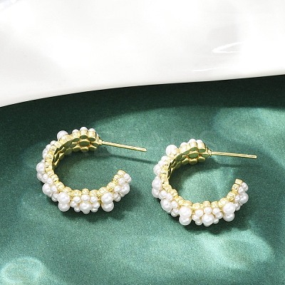 Flower Brass ABS Imitation Pearl Stud Earrings EJEW-M082-05G-1