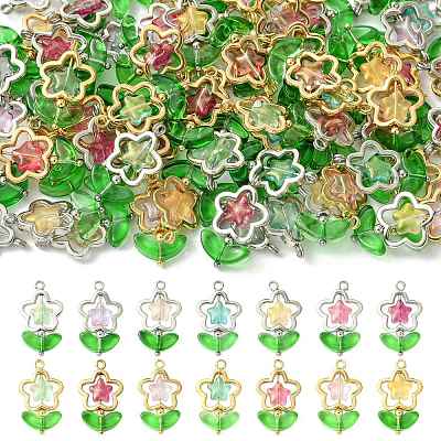 70Pcs 2 Styles 7 Colors Flower Brass Glass Pendants PALLOY-FS00057-1