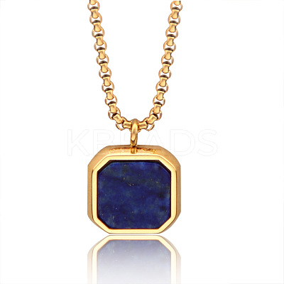 304 Stainless Steel Pave Natural Lapis Lazuli Square Pendant Necklaces FS-WG8D101-04-1