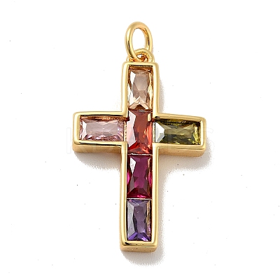 Cross Brass Micro Pave Colorful Cubic Zirconia Pendants X-KK-G419-29G-1
