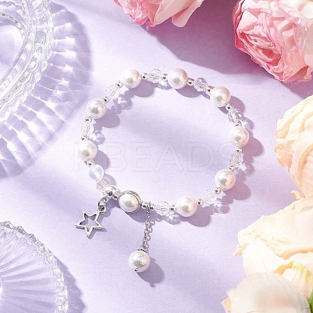 Shell Pearl & Glass Round Beaded Bracelets BJEW-JB11857-01-1