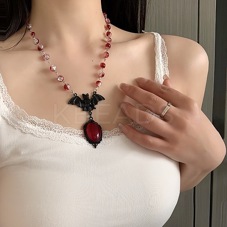 Alloy Red Glass Bat Pendant Round Glass Link Necklaces for Halloween LS-NJEW-H075-02PEB-1