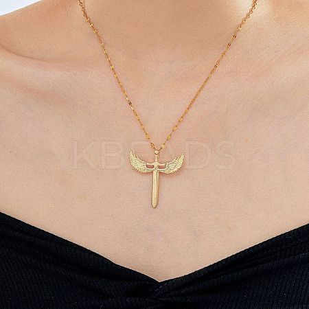 Brass Clear Cubic Zirconia 3D Cute Wing Sword Pendant Necklaces for Daily Wear GF5627-1-1