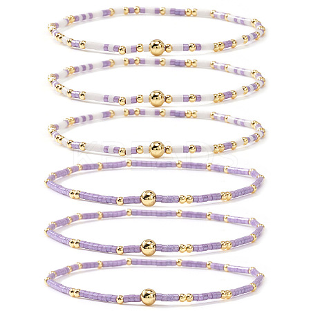 6Pcs Handmade Glass Seed Bead & Brass Beads Stretch Bracelets XZ6120-3-1
