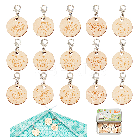 Wood Flat Round with Paw Print Pendant Locking Stitch Markers HJEW-NB00118-1