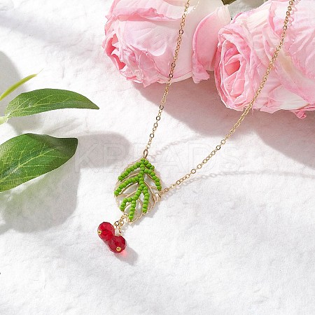 Handmade Glass Seed Beaded Leaf Shape Pendant Brass Cable Chain Necklaces for Women NJEW-MZ00127-01-1