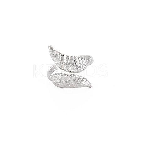 Non-Tarnish 304 Stainless Steel Leaf Open Cuff Ring for Women RJEW-S405-175P-1