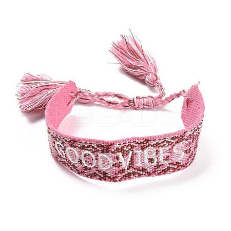 Word Good Vibes Polycotton(Polyester Cotton) Braided Bracelet with Tassel Charm LS-BJEW-F429-02-1