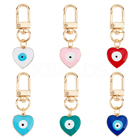 6Pcs 6 Colors Heart with Evil Eye Alloy Enamel Pendant Decoration KEYC-DC0001-27-1
