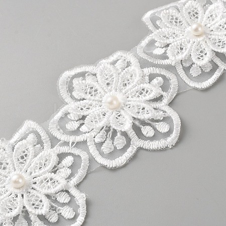 Organza Embroidery Flower Lace Triming with Imitation Pearl OCOR-WH0077-089A-1