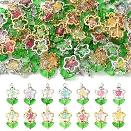 70Pcs 2 Styles 7 Colors Flower Brass Glass Pendants PALLOY-FS00057-1