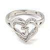 Heart with Letter Rack Plating Brass Micro Pave Clear Cubic Zirconia Adjustable Rings for Women RJEW-I105-01P-J-2