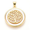 Brass Pave Natural Shell Hollow Flat Round with Tree of Life Pendants KK-N268-26G-1