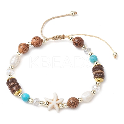 Adjustable Dyed Synthetic Turquoise & Coconut & Wood & Pearl Braided Bead Bracelets BJEW-JB10721-01-1