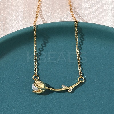 Brass and Acrylic Rose Flower Pendant 304 Stainless Steel Chain Necklaces for Women NJEW-D341-02G-1