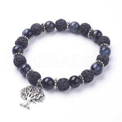 Natural Lava Rock(Dyed) Round Beads Stretch Charm Bracelets BJEW-JB03417-1