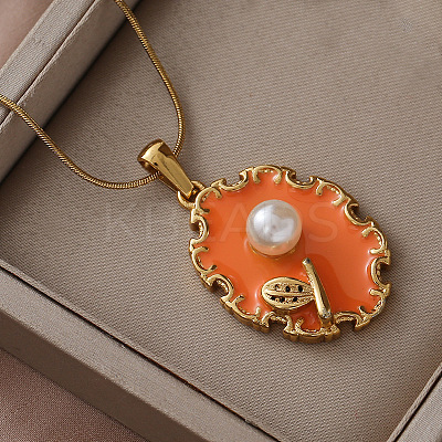 304 Stainless Steel Enamel Oval with Flower Pendant Necklaces with Imitation Pearl UX2387-1