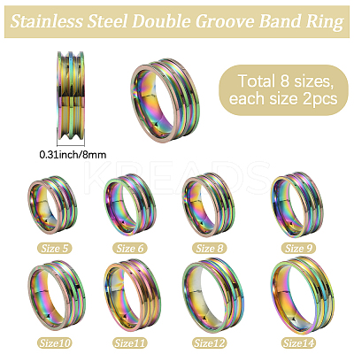 16Pcs 8 Styles 201 Stainless Steel Double Groove Band Ring for Women RJEW-SC0001-25-1