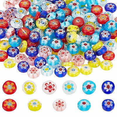 180Pcs 6 Colors Handmade Millefiori Glass Flat Round Bead Strands FIND-SC0003-60-1
