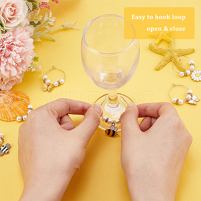 16Pcs 16 Style Bees & Flower Theme Alloy Enamel Wine Glass Charms AJEW-BC0003-91-1