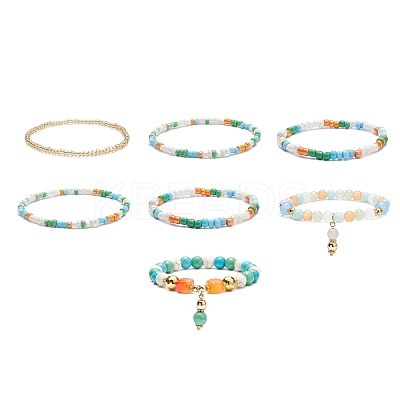 7Pcs 7 Style Natural Dyed Malaysia Jade & Agate & Glass Seed Beaded Stretch Bracelets Set BJEW-JB08892-01-1