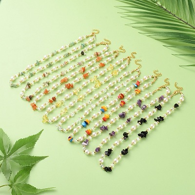 Mixed Gemstone/Glass/Shell Chip & Imitation Pearl & Brass Beaded Necklaces for Women NJEW-S107-01A-1