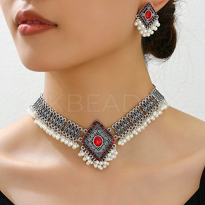 Rhombus Alloy Rhinestone Choker Necklace & Earrings Sets for Women FS-WGAB840-03-1