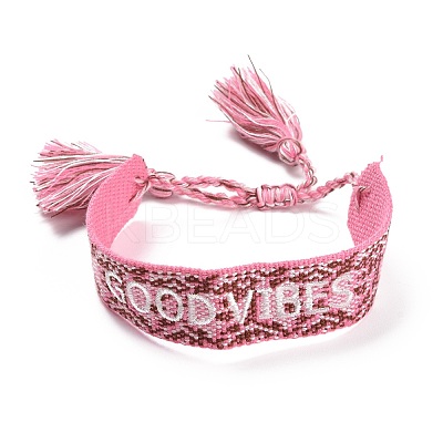 Word Good Vibes Polycotton(Polyester Cotton) Braided Bracelet with Tassel Charm BJEW-F429-02-1