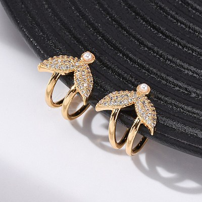 Fishtail Brass Micro Pave Clear Cubic Zirconia Cuff Earrings EJEW-Z127-05G-1