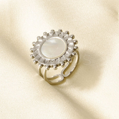 304 Stainless Steel with Natural Shell Cuff Open Rings for Women PR1081-1-1