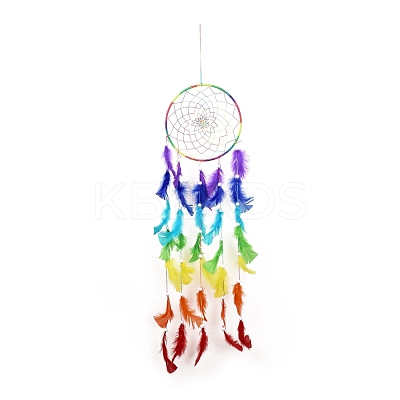 Chakra Theme Iron Woven Web/Net with Feather Pendant Decorations AJEW-B016-03-1