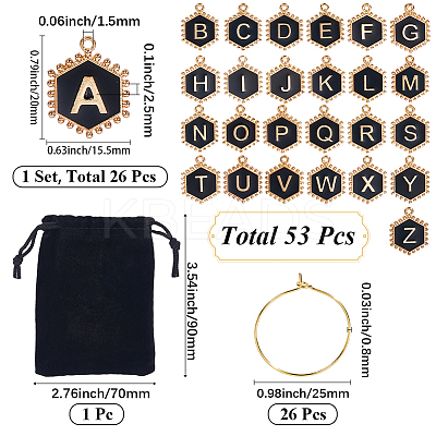 Hexagon with Letter Alloy Black Enamel Pendants Wine Glass Charms DIY-SC0030-20-1