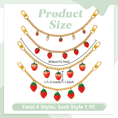 4Pcs 4 Styles Alloy Enamel & Resin Fruit Red Strawberry Charm 304 Stainless Steel Bag Decorative Chains HJEW-PH02272-1