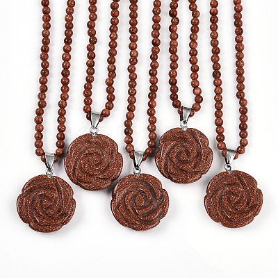 Synthetic Goldstone 4.5mm Round Beaded Flower Pendant Necklaces NJEW-T016-04J-1