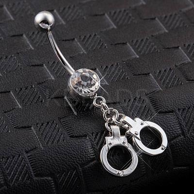 Piercing Jewelry Real Platinum Plated Brass Rhinestone Handcuffs Navel Ring Belly Rings AJEW-EE0001-36-1