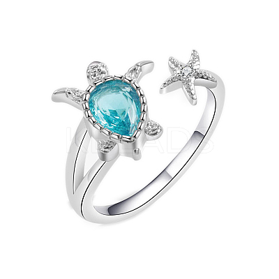 Brass Micro Pave Cubic Zirconia Sea Turtle & Starfish Cuff Ring PW-WGF4995-01-1