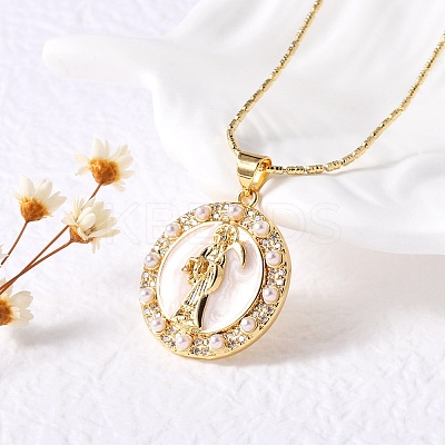 Flat Round with Santa Muerte Brass Micro Pave Cubic Zirconia Pendant Necklaces NJEW-S385-03B-G-1