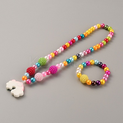 Plastic Rainbow Pendant Necklace and Round Beaded Stretch Bracelet SJEW-TAC0002-01-1