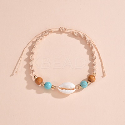 Adjustable Natural Cowrie Shell & Round Wood & Synthetic Turquoise Beaded Cotton Cord Braided Anklets for Women FS-WG3A61A-01-1