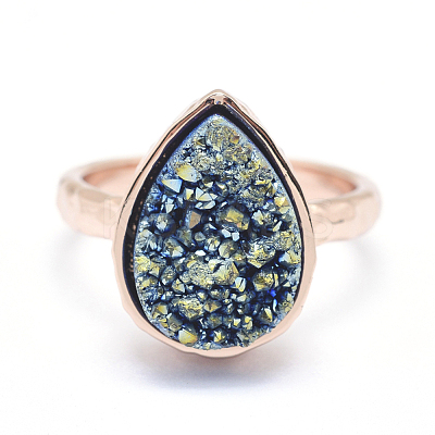 Electroplate Natural Druzy Quartz Crystal Finger Rings RJEW-I055-10RG-RS-1