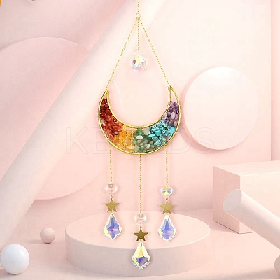 Copper Wire Wrapped Gemstone Chips & Metal Moon Pendant Decorations PW23101760858-1