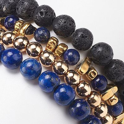 4Pcs 4 Style Natural Lava Rock & Lapis Lazuli(Dyed) & Synthetic Hematite Stretch Bracelets Set with Alloy Shell Beaded BJEW-JB08738-1