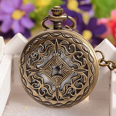 Filigree Flat Round Alloy Pendant Pocket Quartz Watch Necklaces WACH-L024-07-1