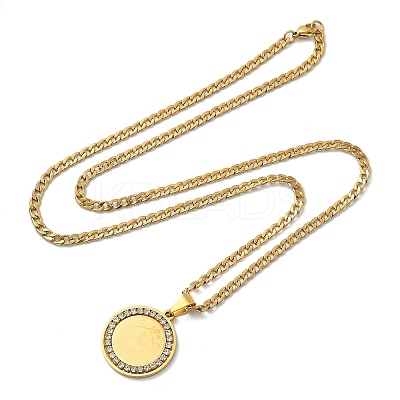 201 Stainless Steel Crystal Rhinestone Muslim Islamic Religion Flat Round Pendant Necklaces NJEW-P327-05G-1