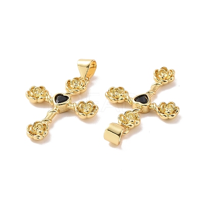 Cross with Flower Brass Micro Pave Cubic Zirconia Pendants KK-G435-06G-02-1