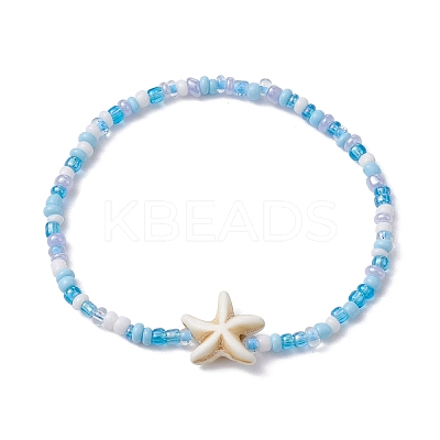 Glass Seed & Synthetic Turquoise Starfish Beaded Stretch Bracelet for Women BJEW-JB09709-02-1