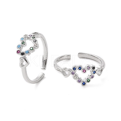 Colorful Cubic Zirconia Double Heart Open Cuff Ring RJEW-C061-02P-1