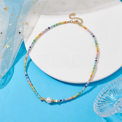 Natural Pearl & Seed Beaded Necklace NJEW-JN04649-01-1