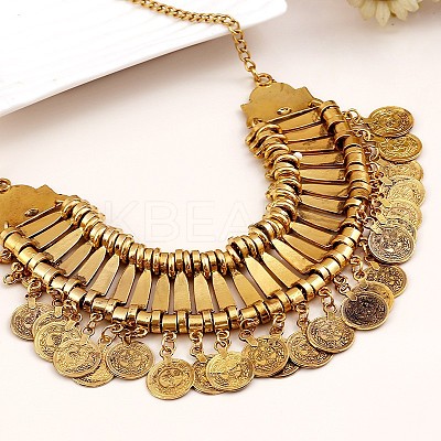 Tibetan Style Alloy Turkish Coin Tassel Chunky Bib Necklaces for Women FS-WG4760A-02-1
